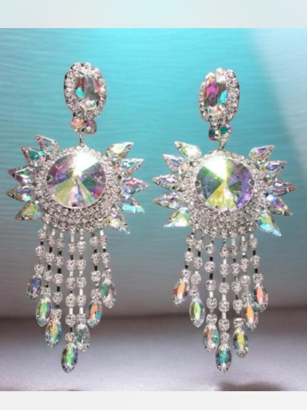 🔥🔥🔥Silver Aurora Borealis Crystal Rhinestone Tassel Earrings
